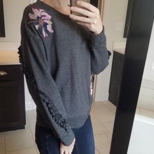 "Marled" Grey Beaded Ruffle Sweater